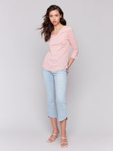 Load image into Gallery viewer, Charlie B Linen Jersey Knit V-Neck 3/4 Sleeve Top with Neck Trim
