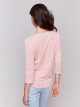 Load image into Gallery viewer, Charlie B Linen Jersey Knit V-Neck 3/4 Sleeve Top with Neck Trim
