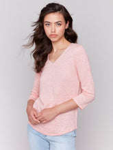 Load image into Gallery viewer, Charlie B Linen Jersey Knit V-Neck 3/4 Sleeve Top with Neck Trim
