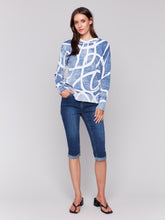 Load image into Gallery viewer, Charlie B Denim &amp; White Print Cotton Hoodie Sweater with Drop Shoulders - 100% Cotton
