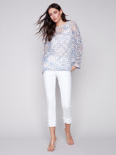 Load image into Gallery viewer, Charlie B Lotus Blue  Multi Space Dye Fishnet Crochet Pullover Sweater with Bell Sleeves

