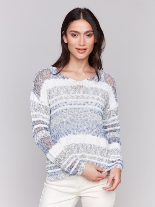 Charlie B Denim Multi Striped Long Sleeve V-Neck Pullover Sweater