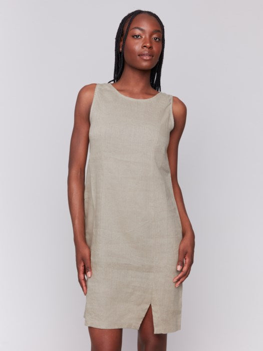 Charlie B Celadon Sleeveless Crew Neck Linen Blend Dress With Slit