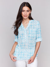 Load image into Gallery viewer, Charlie B Long Roll-Up Sleeve Half-Button Cotton Gauze Blouse With Pocket in Varied Prints
