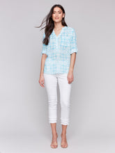 Load image into Gallery viewer, Charlie B Long Roll-Up Sleeve Half-Button Cotton Gauze Blouse With Pocket in Varied Prints
