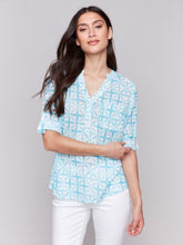 Load image into Gallery viewer, Charlie B Long Roll-Up Sleeve Half-Button Cotton Gauze Blouse With Pocket in Varied Prints
