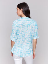 Load image into Gallery viewer, Charlie B Long Roll-Up Sleeve Half-Button Cotton Gauze Blouse With Pocket in Varied Prints
