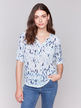 Load image into Gallery viewer, Charlie B Long Roll-Up Sleeve Half-Button Cotton Gauze Blouse With Pocket in Varied Prints
