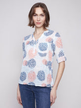 Load image into Gallery viewer, Charlie B Long Roll-Up Sleeve Half-Button Cotton Gauze Blouse With Pocket in Varied Prints
