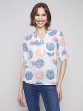 Load image into Gallery viewer, Charlie B Long Roll-Up Sleeve Half-Button Cotton Gauze Blouse With Pocket in Varied Prints
