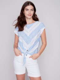 Charlie B Blue Cap Sleeve Boat Neck Blouse with Front Tie at Hemline