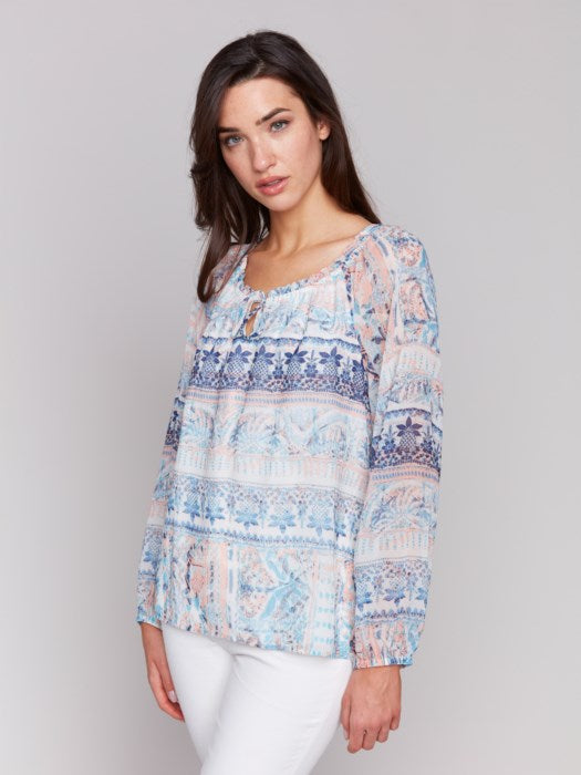 Charlie B Roots Printed Chiffon Raglan Long Sleeve Blouse with Gathered Line