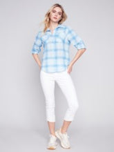 Load image into Gallery viewer, Charlie B Blue &amp; White Cotton Gauze Long Sleeve Button Up Plaid Shirt - 100% Cotton
