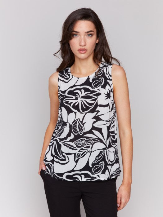 Charlie B Botanical  Printed Sleeveless Crew Neck Popover Viscose Top