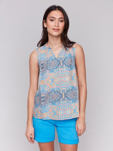 Load image into Gallery viewer, Charlie B Papaya Sleeveless Printed Ruffle V-neck Neck Blouse
