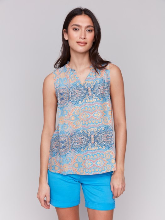 Charlie B Papaya Sleeveless Printed Ruffle V-neck Neck Blouse