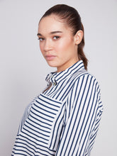 Load image into Gallery viewer, Charlie B Navy &amp; White Stripe Button Front Linen Blend Shirt with Pocket
