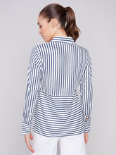 Load image into Gallery viewer, Charlie B Navy &amp; White Stripe Button Front Linen Blend Shirt with Pocket
