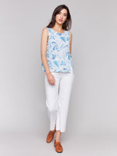 Load image into Gallery viewer, Charlie B Denim Printed Sleeveless Linen Top with Princess Seams and Slit
