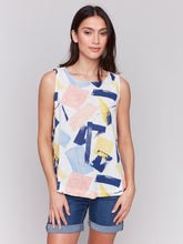 Load image into Gallery viewer, Charlie B Abstract Printed Sleeveless Crew Neck Woven Top With Rounded Hem
