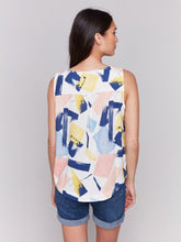 Load image into Gallery viewer, Charlie B Abstract Printed Sleeveless Crew Neck Woven Top With Rounded Hem
