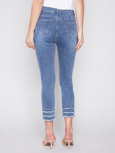 Load image into Gallery viewer, Charlie B Medium Blue Fringe Detail Frayed Hem Twill Crop Pant with 5 Pockets

