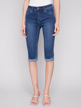 Load image into Gallery viewer, Charlie B Twill Stretch Denim Pedal Pusher with Rolled-Up Hem in Blue Or Indigo
