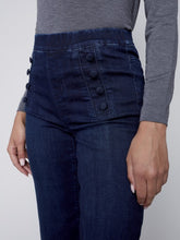Load image into Gallery viewer, Charlie B Blue Black Flare Jean With Decorative Button At Front Waistband
