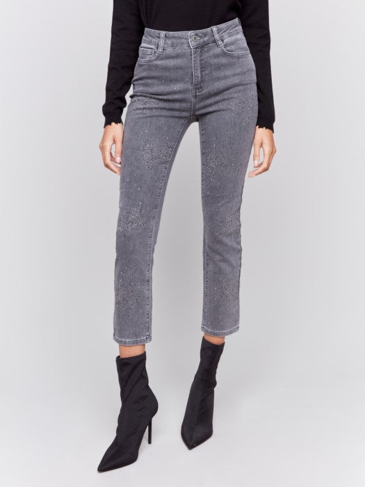 Charlie B Grey Soft Knit Denim With Slim Leg And All Over Studs Pant