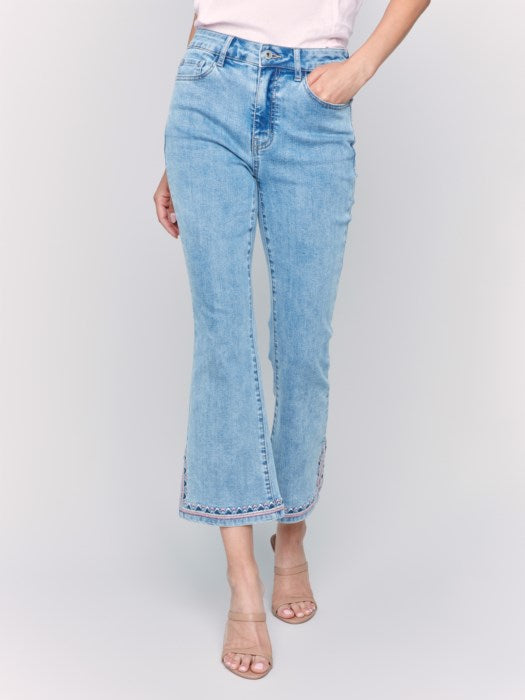 Charlie B Light Blue Regular Rise Bootcut Leg Pant with Embroidered Side Slit Detail at Hem