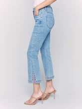 Load image into Gallery viewer, Charlie B Light Blue Regular Rise Bootcut Leg Pant with Embroidered Side Slit Detail at Hem
