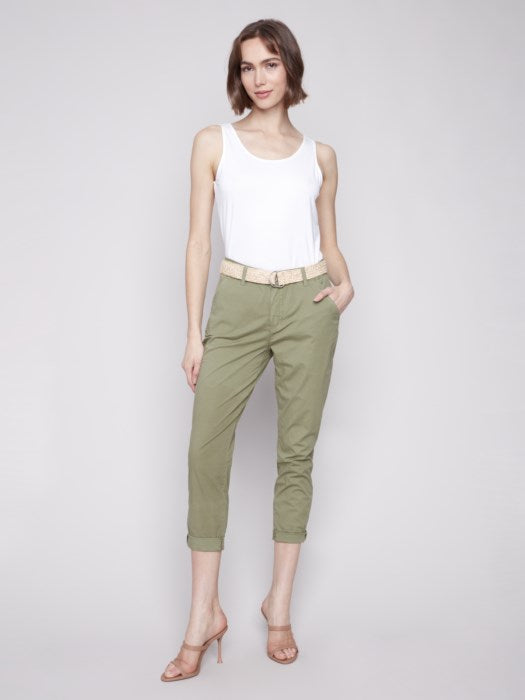 Charlie B Celadon Stretch Twill Slim Pant Narrow Leg With Belt