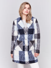 Load image into Gallery viewer, Charlie B Navy Boucle Knit Plaid Tailored Collar Coat With Two Patch Pockets
