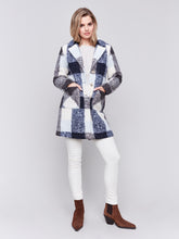 Load image into Gallery viewer, Charlie B Navy Boucle Knit Plaid Tailored Collar Coat With Two Patch Pockets
