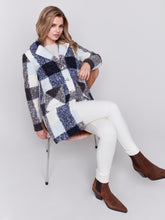 Load image into Gallery viewer, Charlie B Navy Boucle Knit Plaid Tailored Collar Coat With Two Patch Pockets
