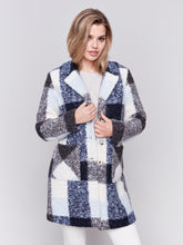 Load image into Gallery viewer, Charlie B Navy Boucle Knit Plaid Tailored Collar Coat With Two Patch Pockets
