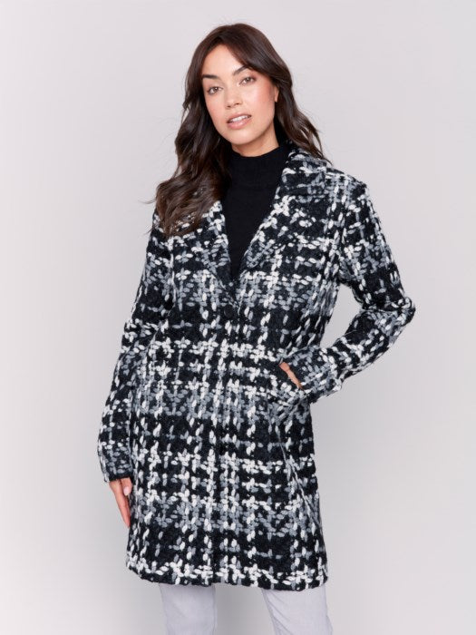 Charlie B Straight Cut Textured Plaid Bouclé Button Front Coat with Patch Pockets in Black & White or Pastel