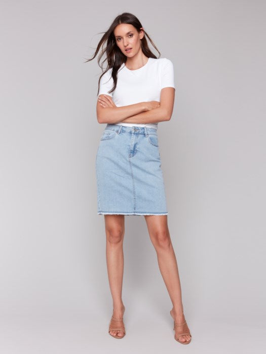 Charlie B Stretch Denim Skort With Frey Hem in Bleach Blue