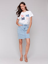 Load image into Gallery viewer, Charlie B Stretch Denim Skort With Frey Hem in Bleach Blue
