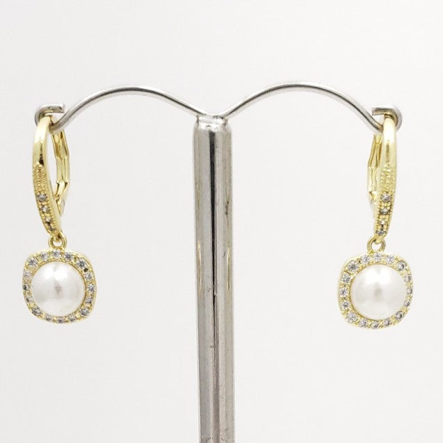 Fashion Jewelry Pearl Earring with Clear Cubic Zirconia in Gold