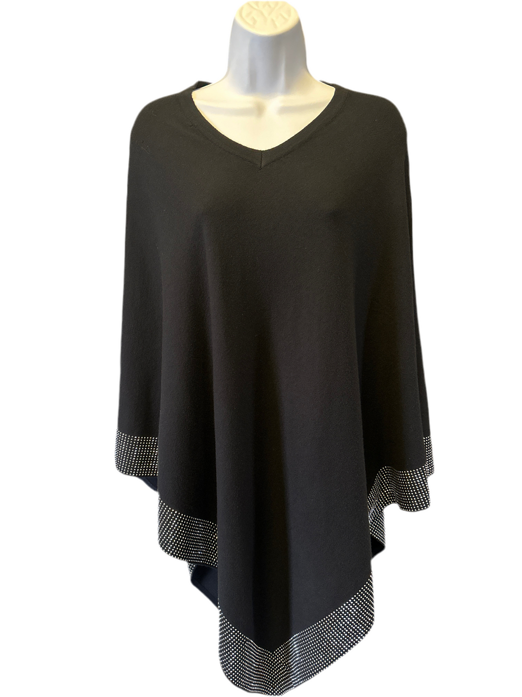 Casa Donna Black V-Neck Poncho with Sparkle Embellished Trim