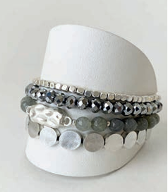 Caracol Silver & Grey Set of 4 Stretch Bracelets with Natural Stone, Glass & Metal Beads