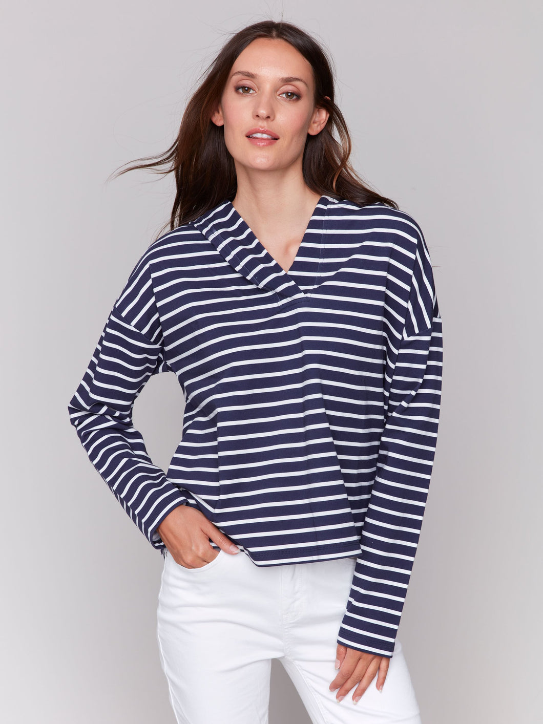 Charlie B Navy & White Stripe V-Neck Long Sleeve Hoodie with Hi Low Hem