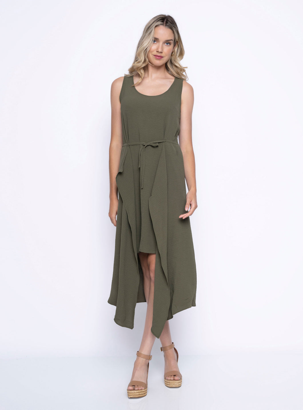 Picadilly Olive Scoop Neck Sleeveless Mid-Length Dress