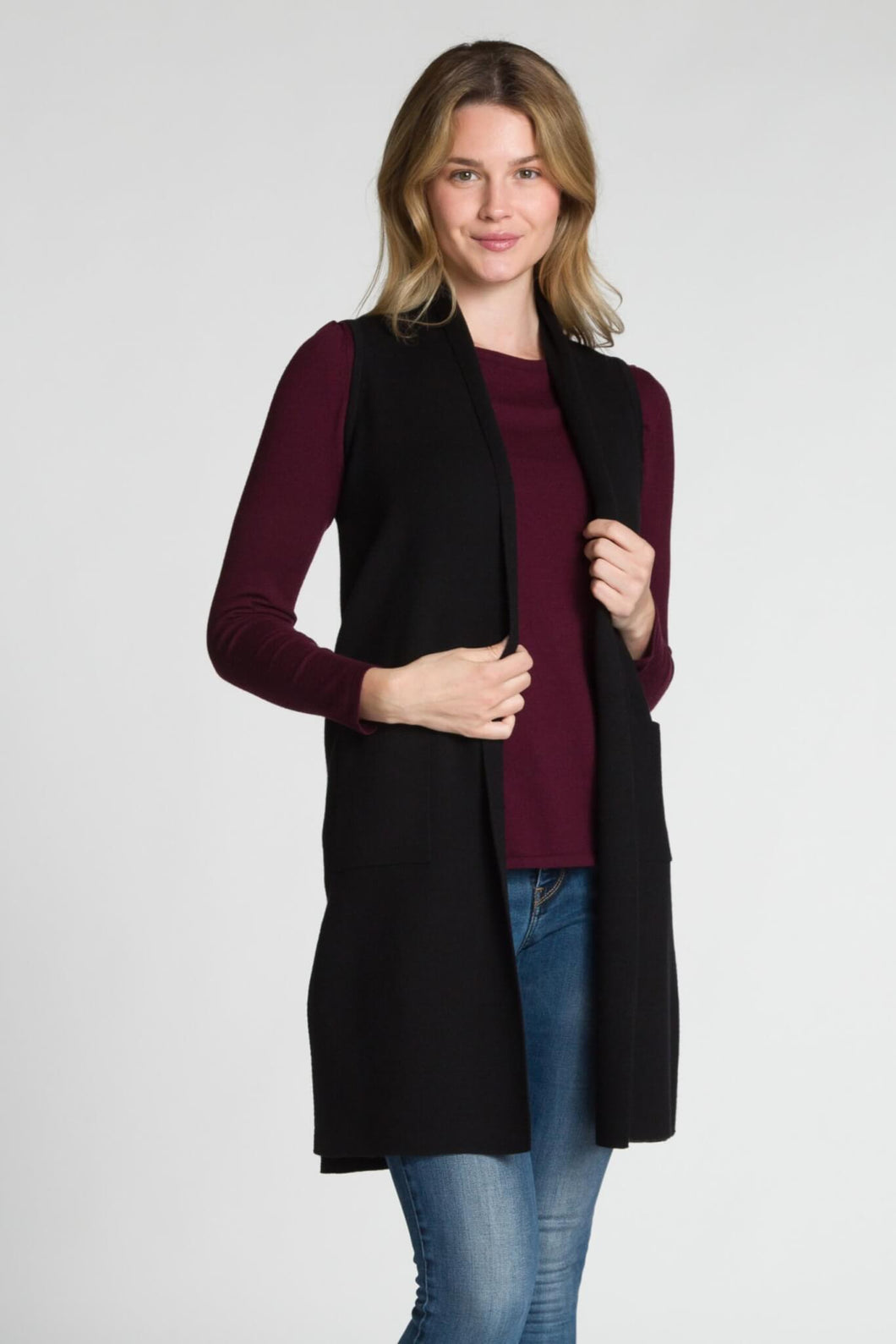 DKR & Co Long Sleeveless Vest with Side Slits & Patch Pockets
