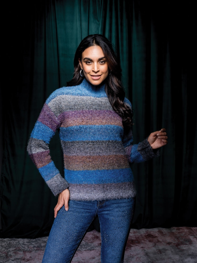 Elena Wang Mock Neck Blue Multi Colour Stripe Sweater