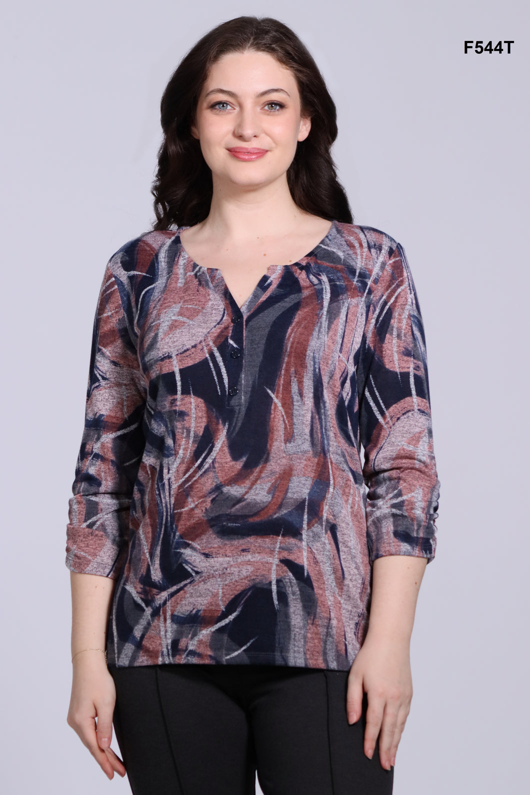 DeVia Navy & Peach 3/4 Sleeve Print Top with Henley Neckline