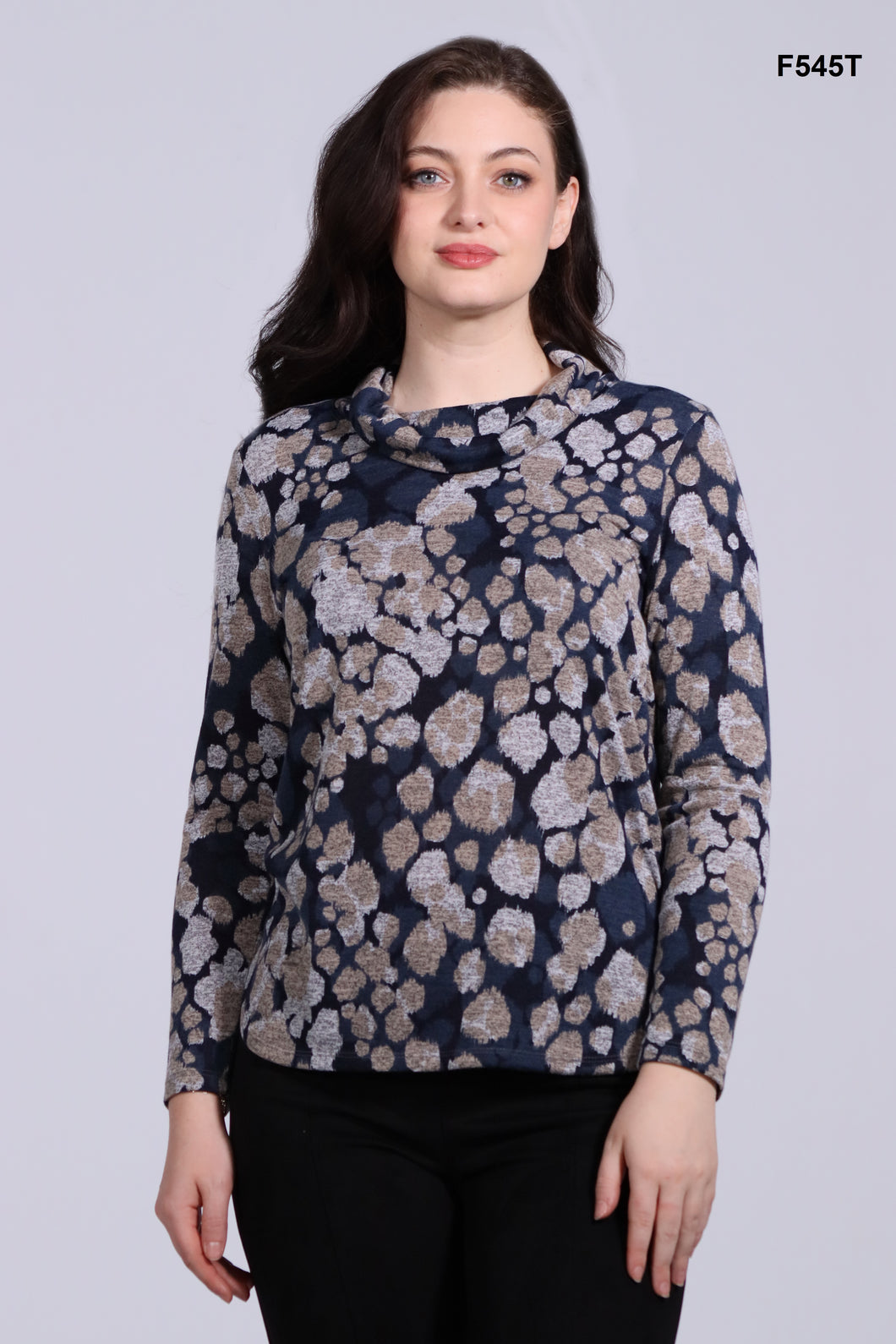 DeVia Navy & Beige Print Cowl Neck Top