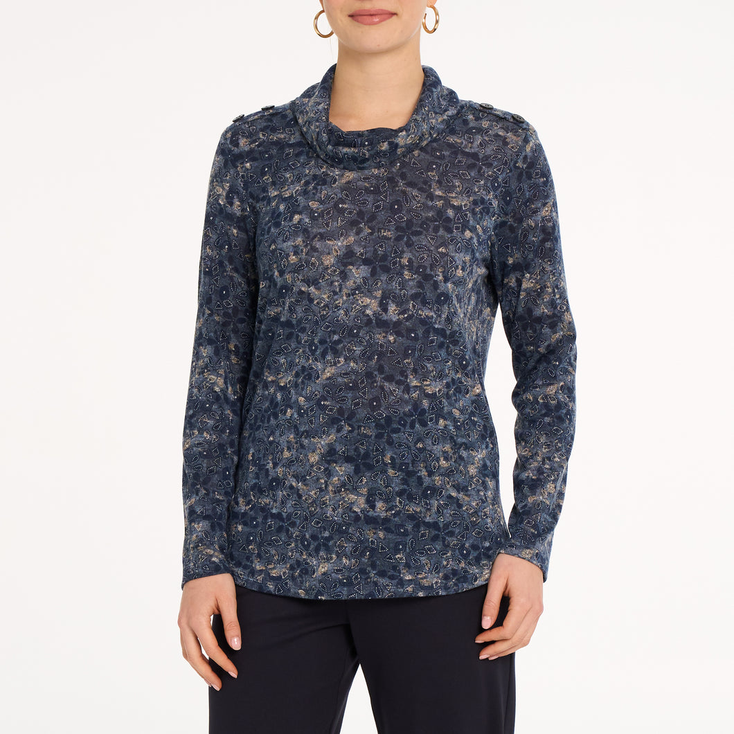 Devia Collection Blue Printed Cowl Neck Long Sleeve Top