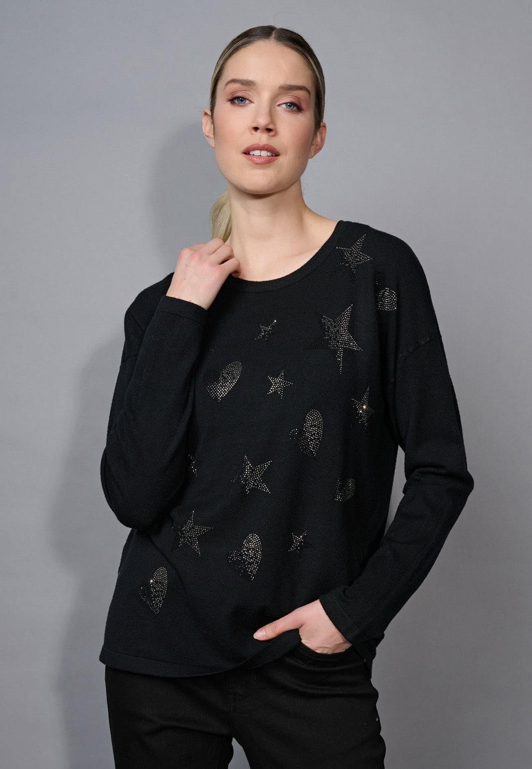Picadilly Black Sweater with Rhinestone Hearts & Stars